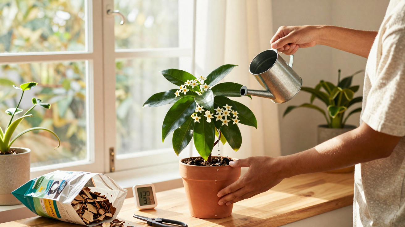 Pessoa regando planta florida em vaso terracota sobre bancada com janela ao fundo.