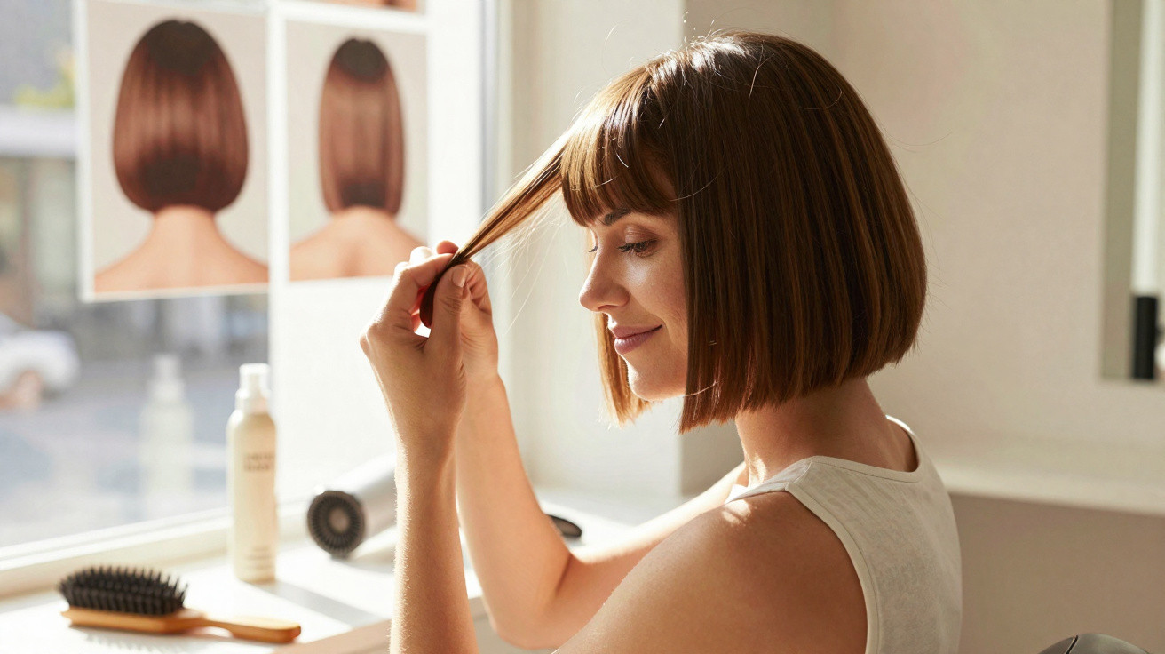 Mulher com cabelo curto castanho, olhando e mexendo no próprio cabelo frente a um espelho.