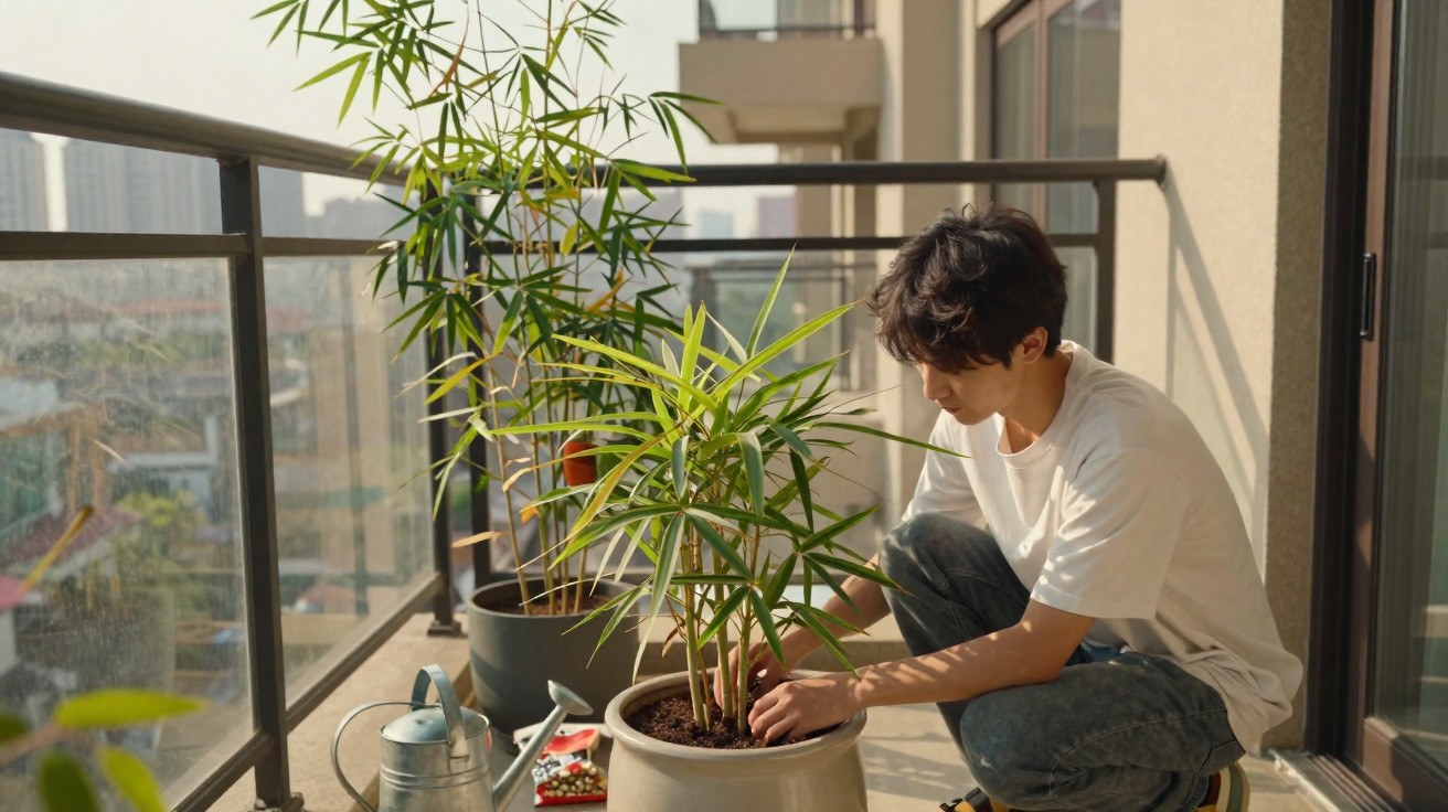 Jovem cuidando de plantas em vasos no parapeito de varanda ensolarada de apartamento.