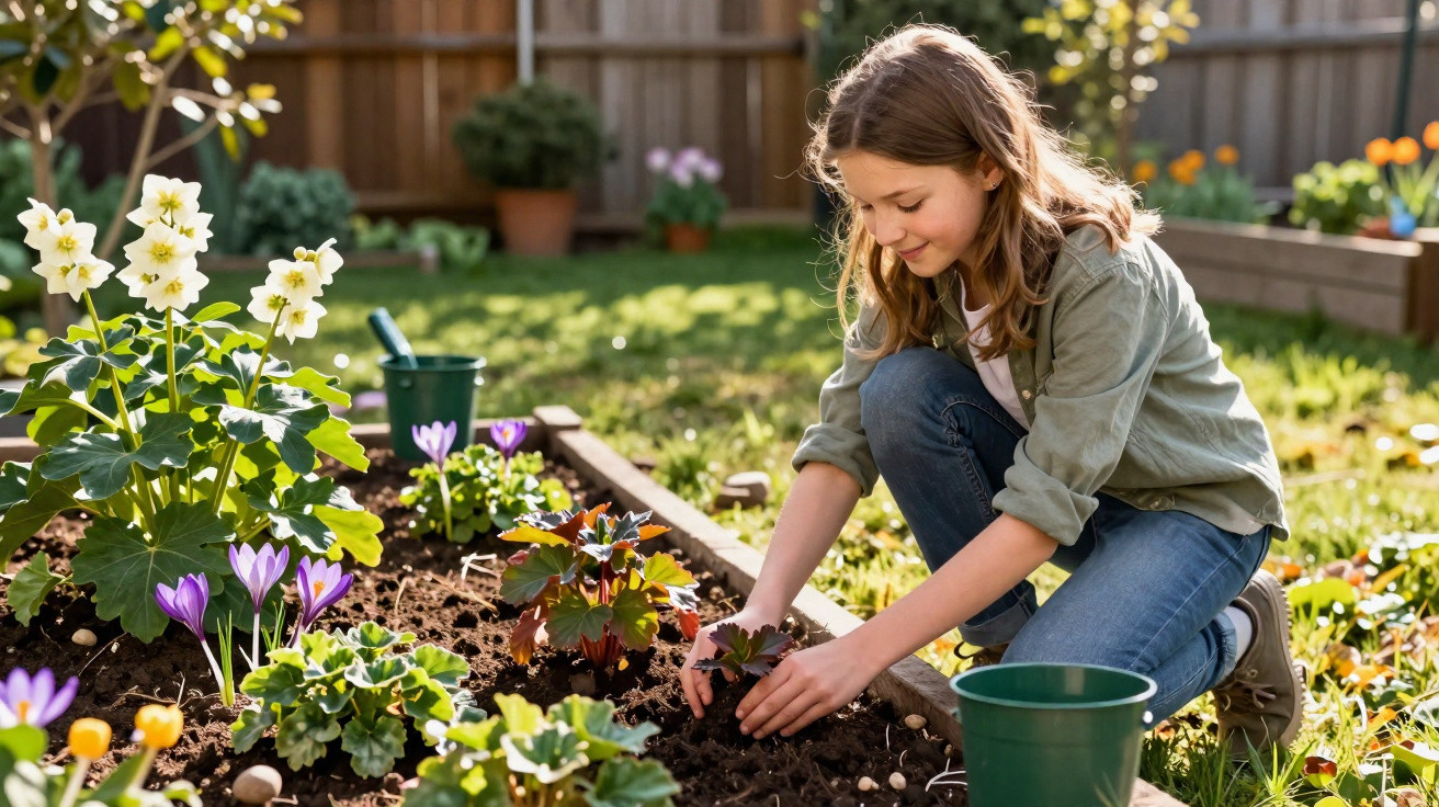 Garota jovem plantando flores em um canteiro de jardim ensolarado, rodeada por vasos e plantas.