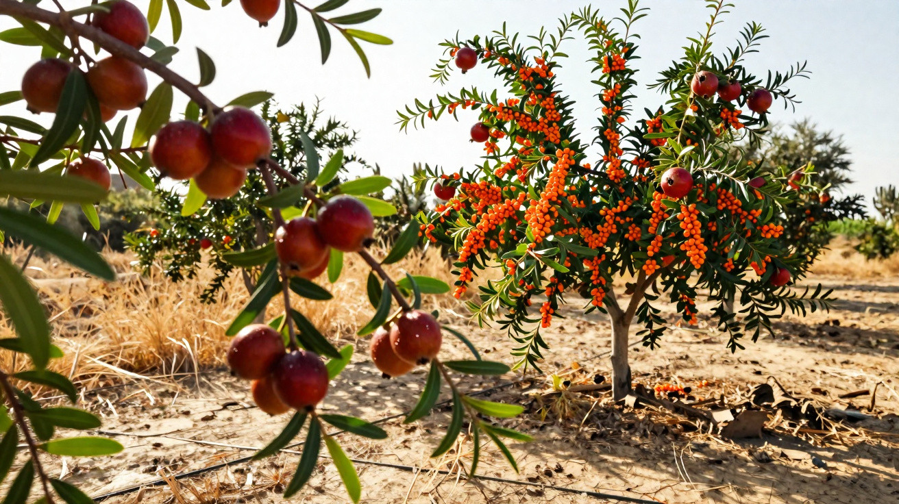Árvores pequenas com frutos vermelhos e laranjas em solo seco sob céu claro.