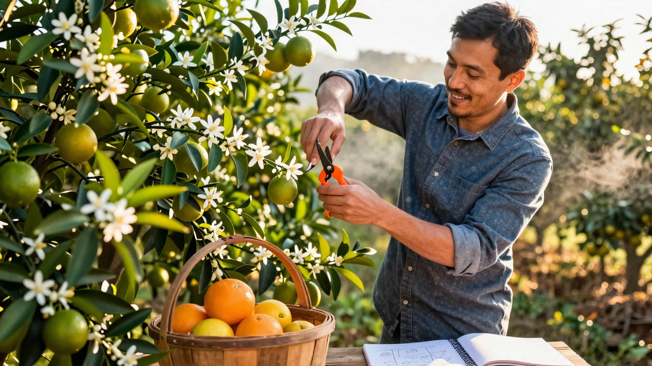 Homem colhendo flores de árvore de laranja em pomar com cesta de frutas e caderno aberto em mesa.