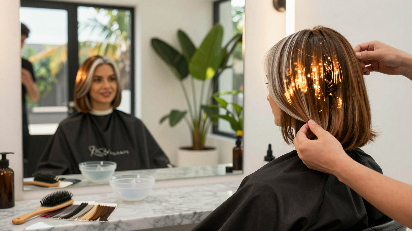 Mulher em salão de beleza fazendo tratamento capilar com reflexos loiros e luzes decorativas no cabelo.