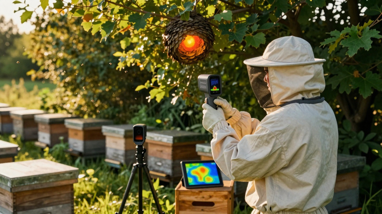 Pessoa com roupa de apicultor usa câmera térmica para monitorar colmeia suspensa em ambiente externo.