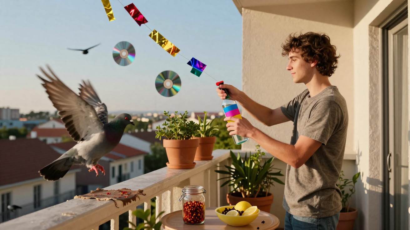 Jovem em sacada usa spray para espantar pombo enquanto CDs e fitas refletem luz ao sol.