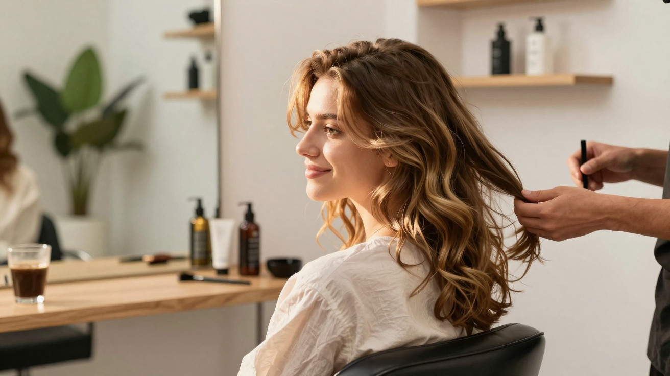 Mulher sorrindo sentada em cadeira de salão recebendo penteado de cabeleireiro com fundo de espelho e produtos.