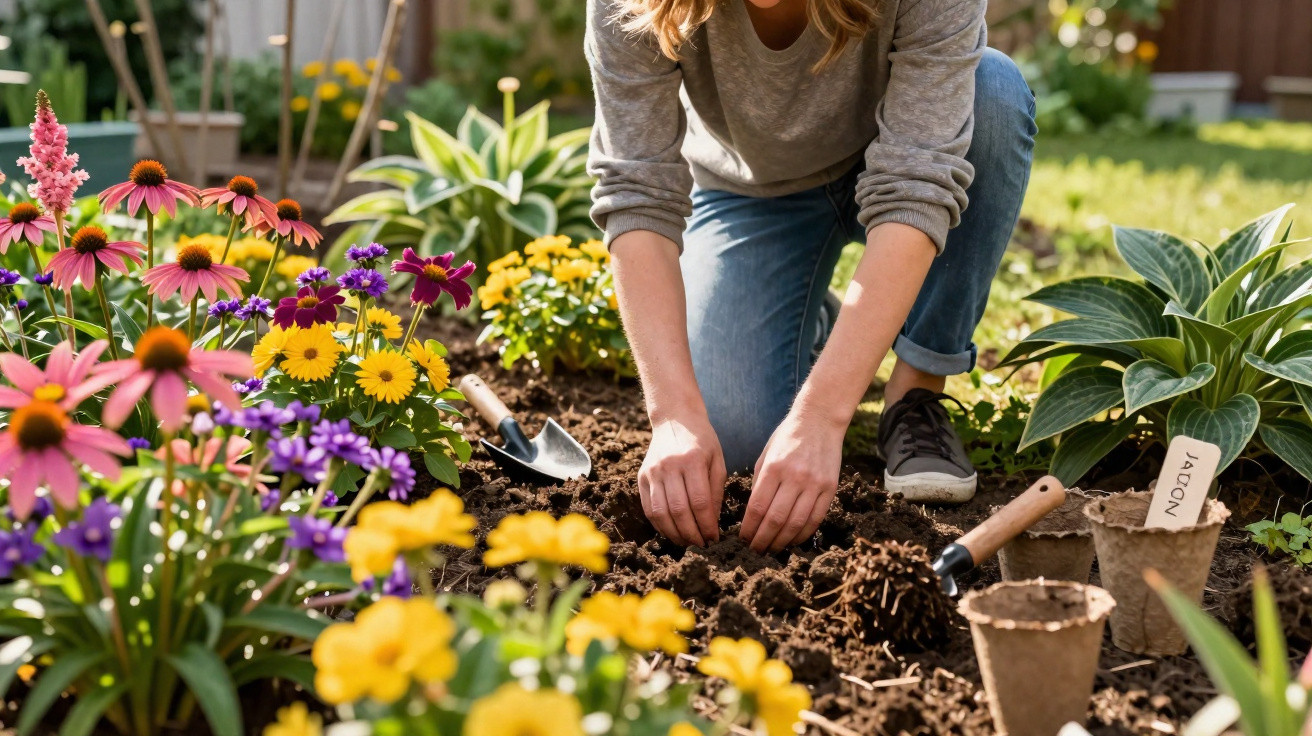 Pessoa plantando mudas em jardim florido com ferramentas de jardinagem ao redor.