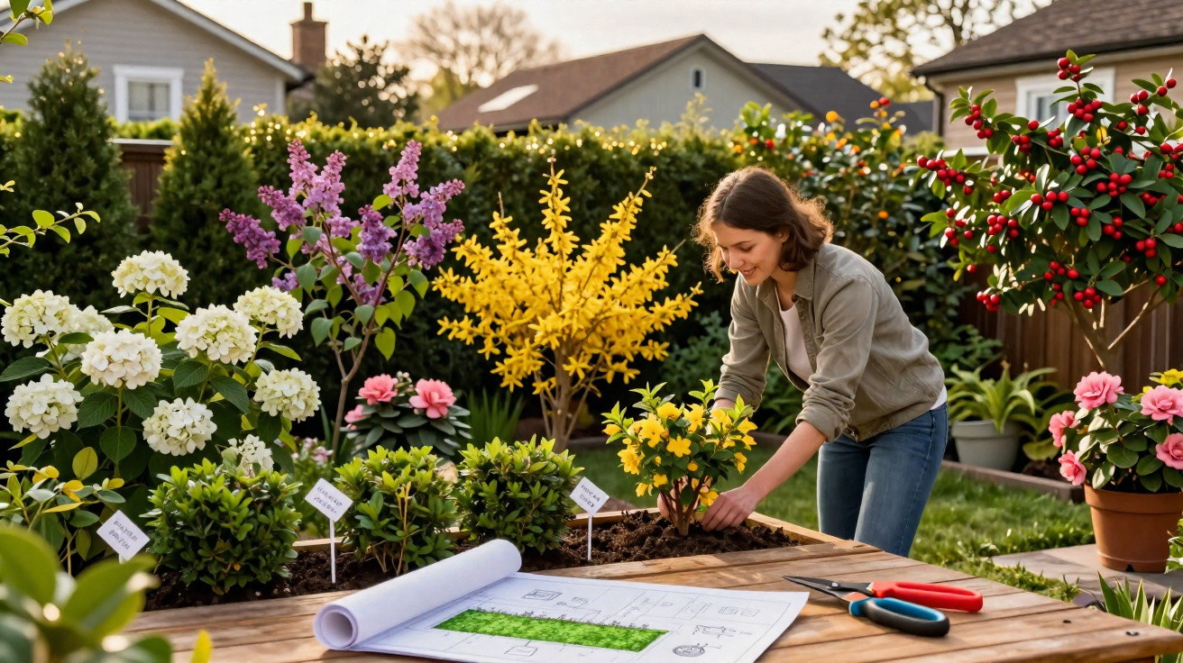 Mulher cuidando de planta amarela em jardim com diversas flores coloridas e plantas, vista diurna.