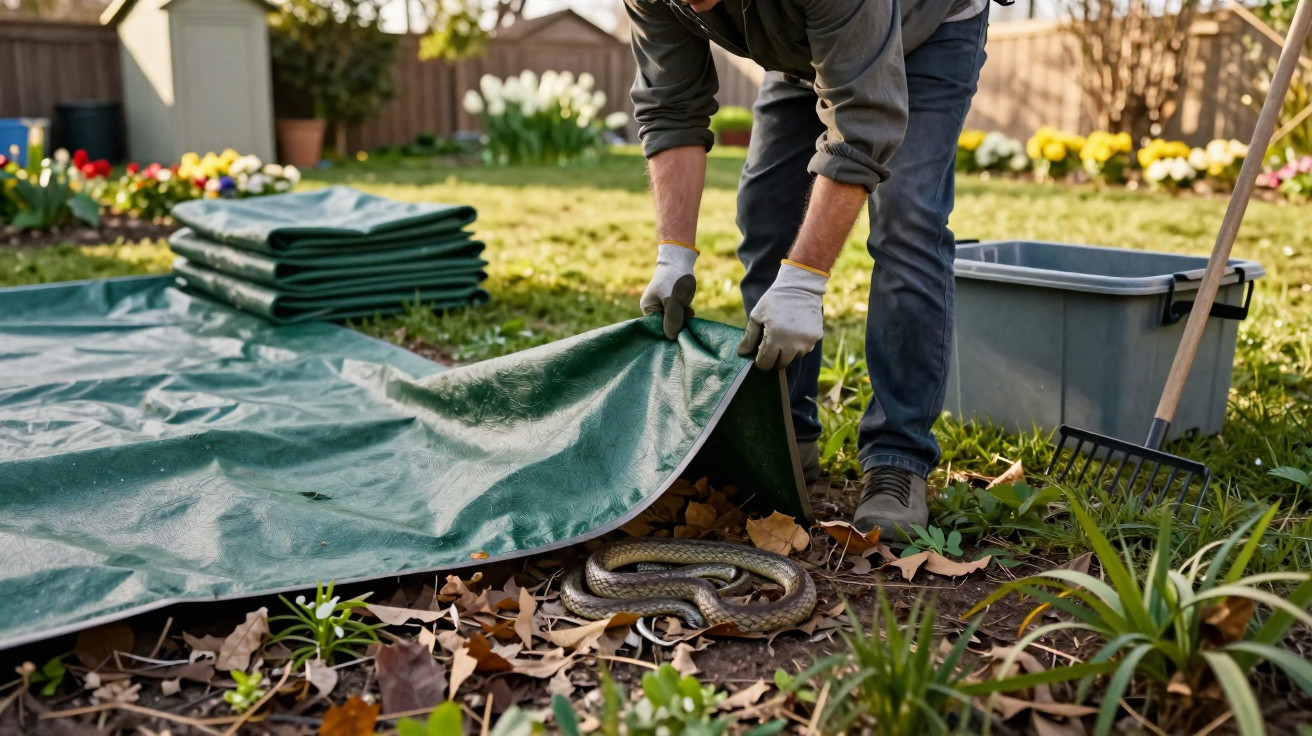 Pessoa com luvas removendo lona verde do jardim para revelar cobra enrolada entre folhas secas.