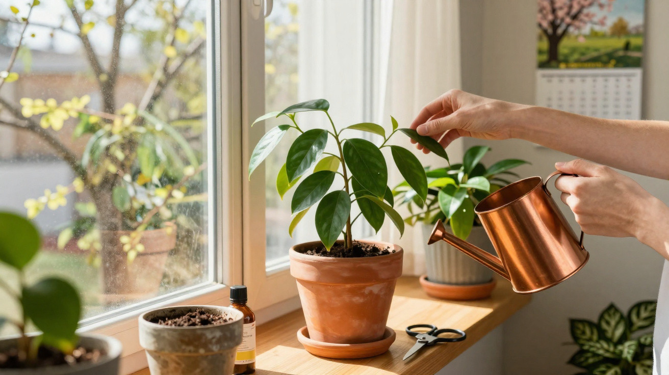 Pessoa regando planta em vaso de barro perto de janela iluminada em ambiente interno.