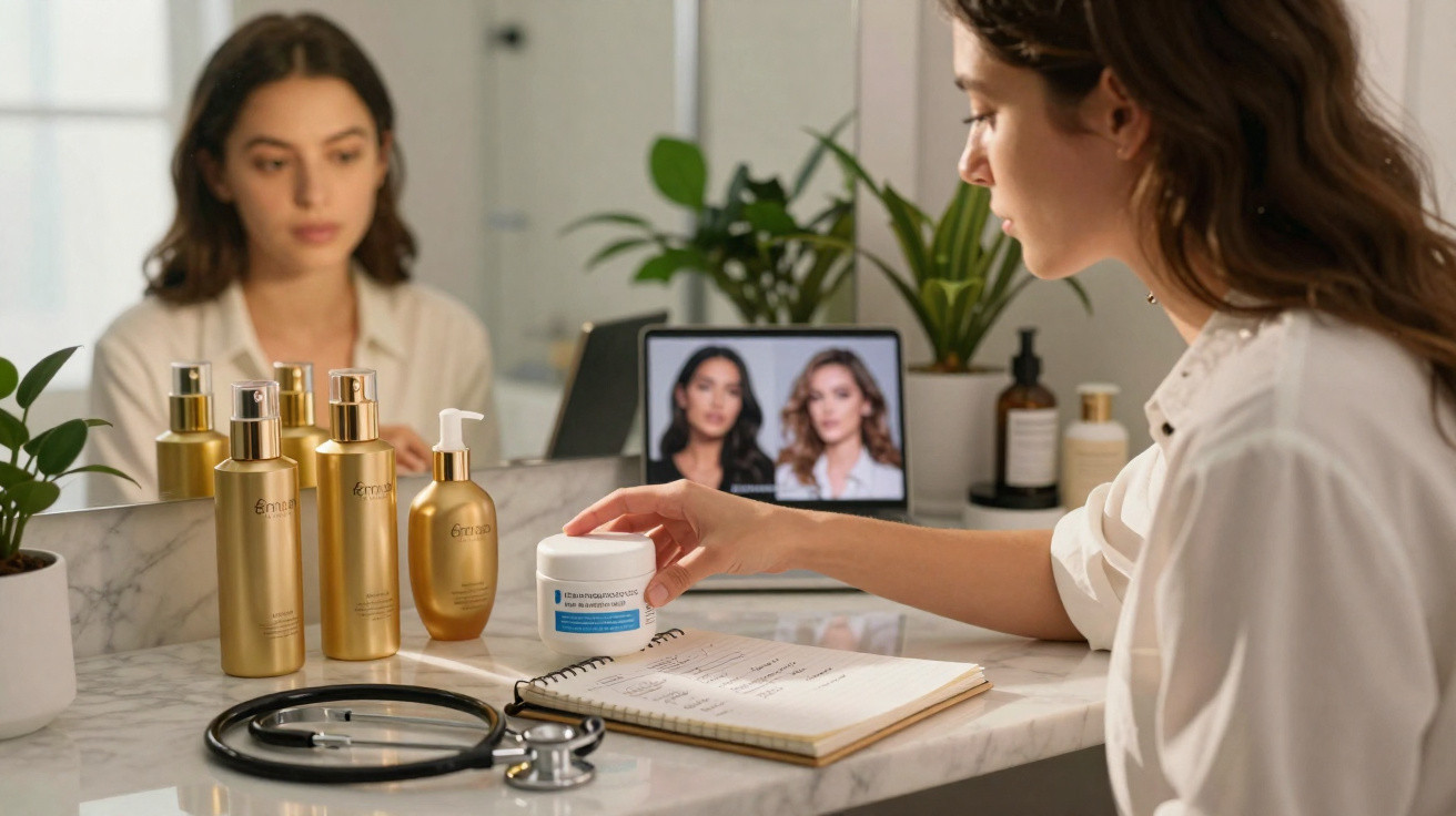 Mulher com creme na mão em mesa com anotações, estetoscópio e produtos de beleza dourados refletida no espelho.