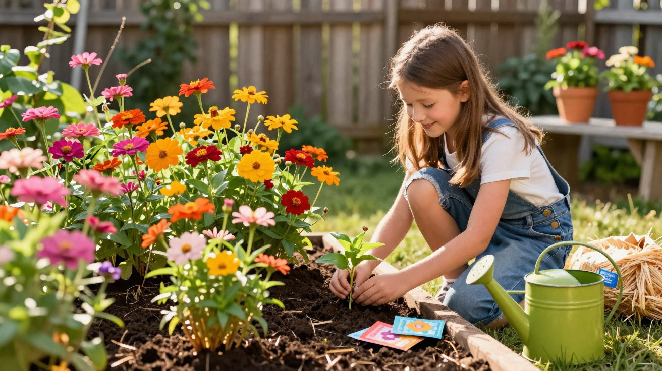 Menina plantando muda em jardim florido ao ar livre em dia ensolarado.