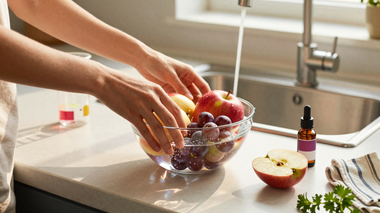 Mãos lavando maçãs e uvas em uma tigela de vidro na pia da cozinha com frutas e óleo essencial na bancada.