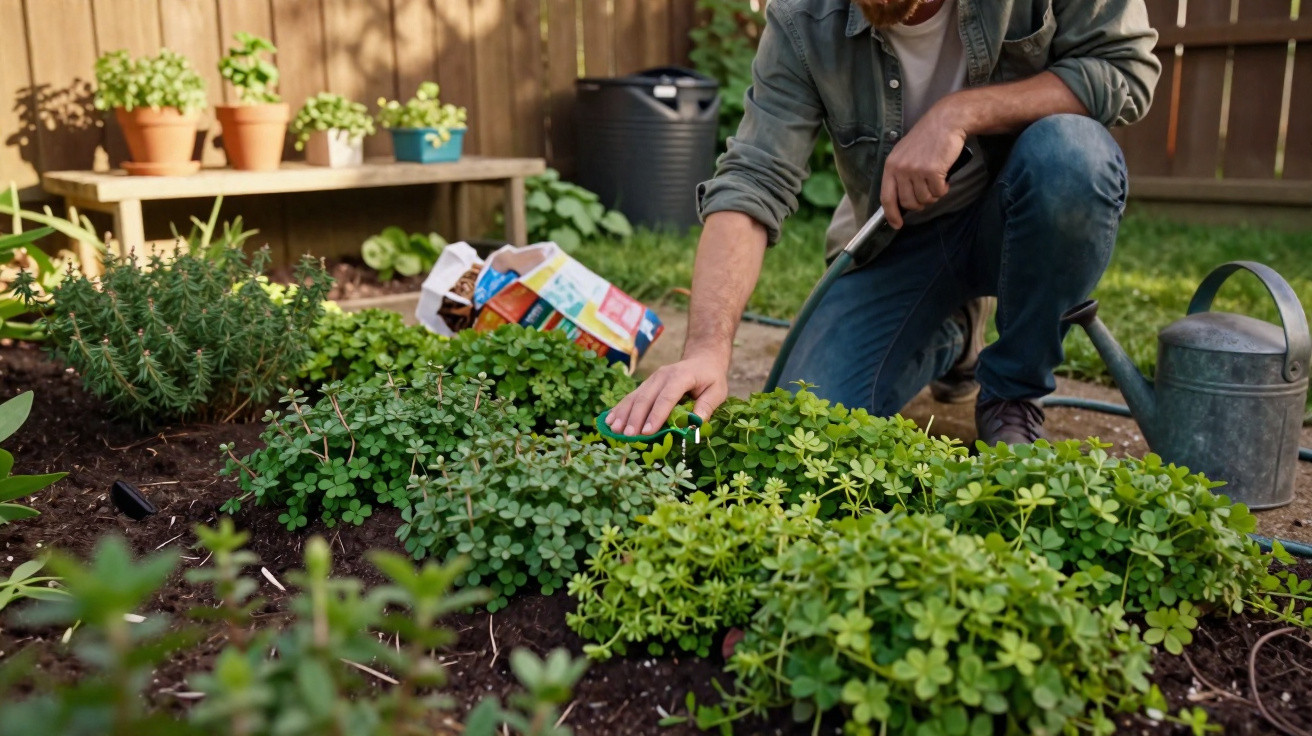 Homem regando plantas em jardim com regador e cercado por vasos de plantas.