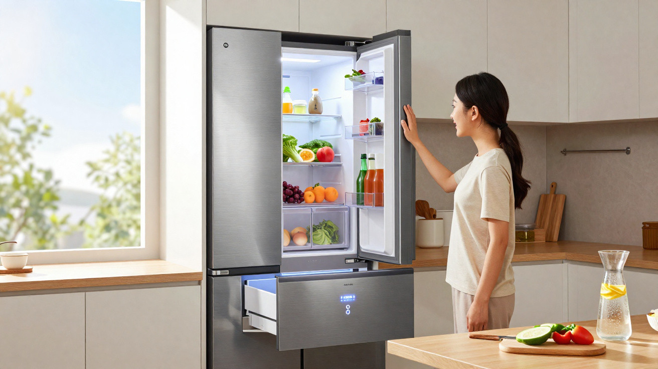 Mulher abrindo geladeira moderna inox em cozinha clara com frutas, vegetais e bebidas.