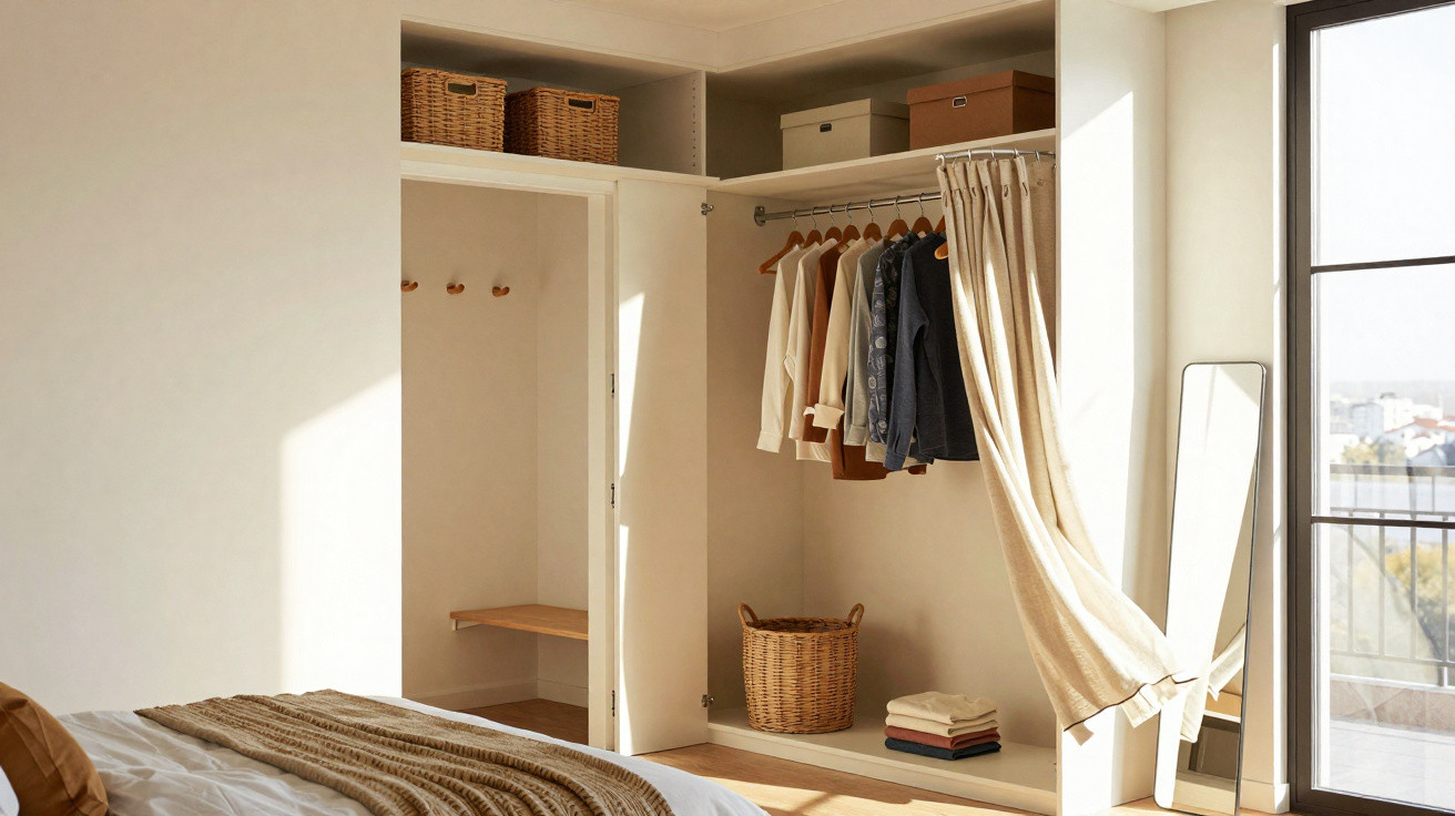 Quarto claro com armário aberto, roupas penduradas, espelho grande e cesto de palha no chão.