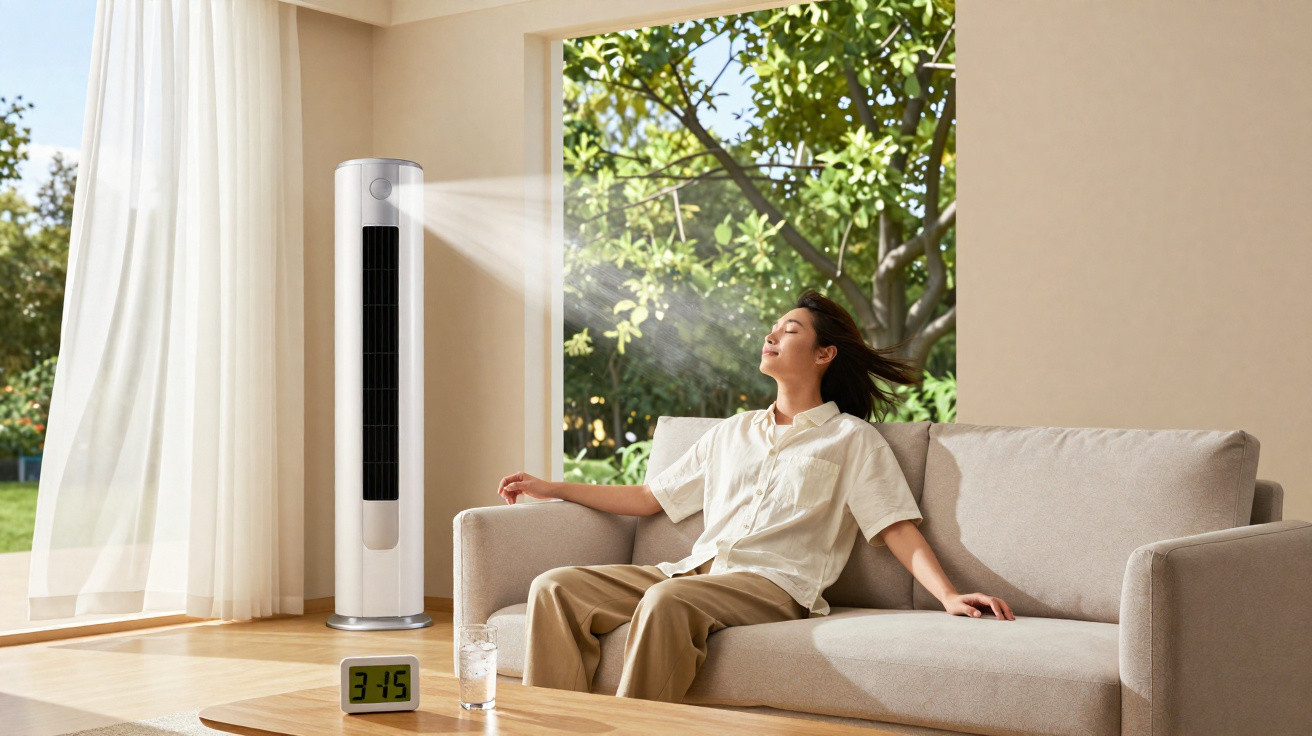 Mulher relaxa no sofá enquanto ventilador torre branco sopra ar em sala iluminada com janela aberta.