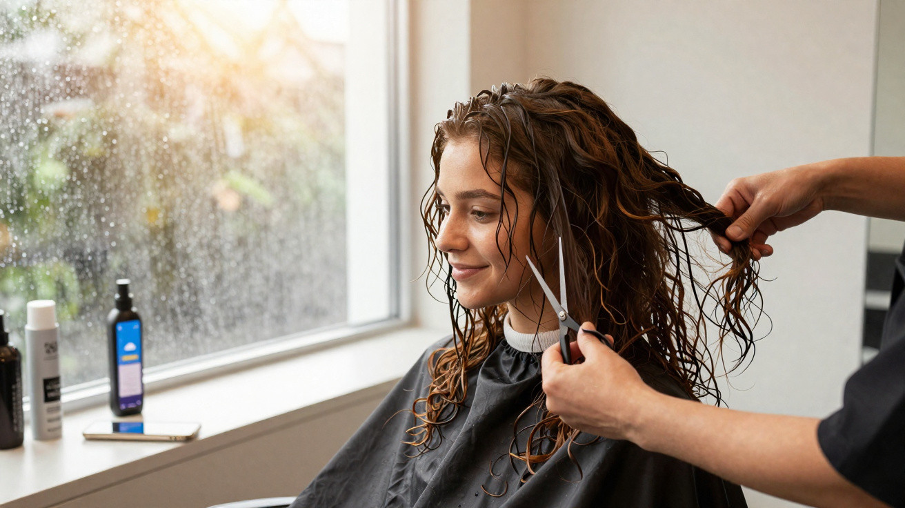 Mulher com cabelo molhado sendo cortada por cabeleireiro em salão perto da janela com luz natural.