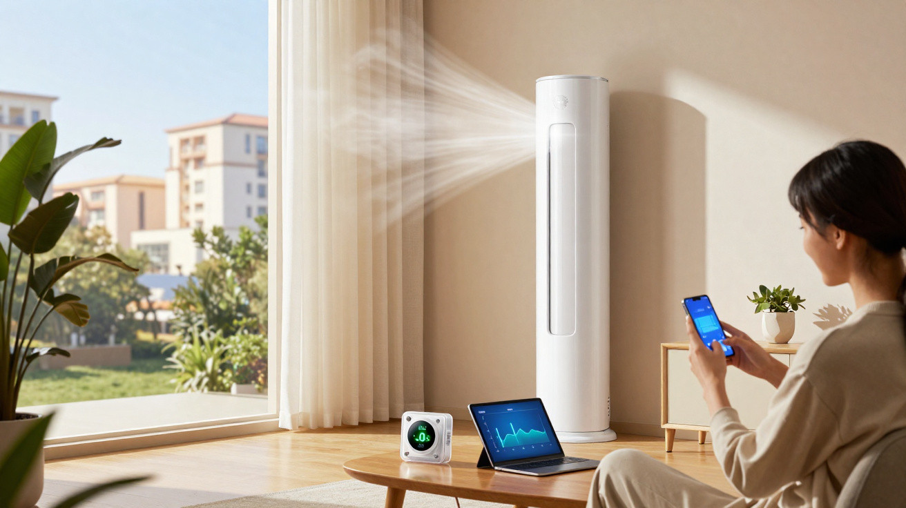 Pessoa controlando ar-condicionado vertical branco com smartphone em sala clara com mesa, plantas e janela ampla.