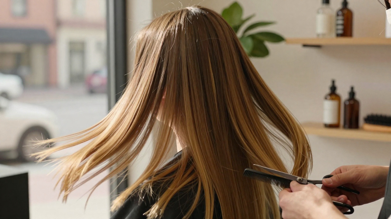 Pessoa com cabelo loiro sendo cortado por cabeleireiro em salão de beleza.