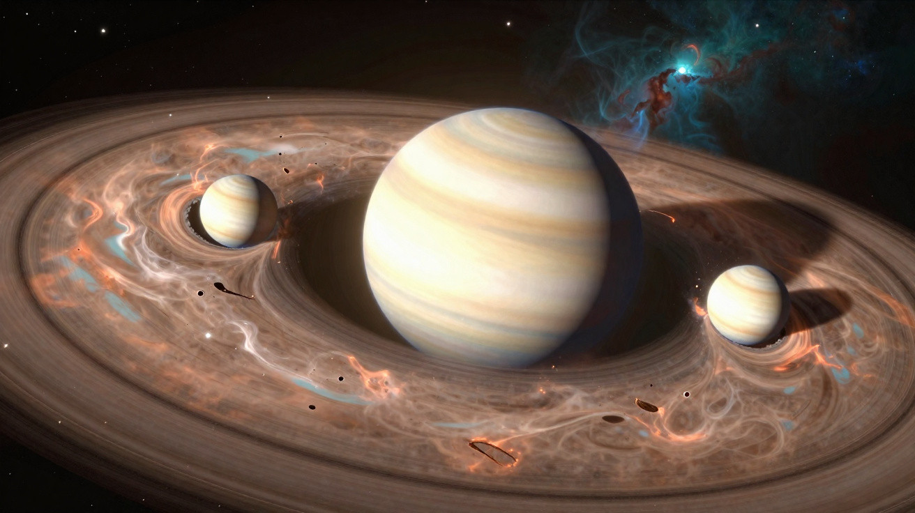 Planeta gigante com anéis e três luas em um cenário espacial estrelado e nebuloso.