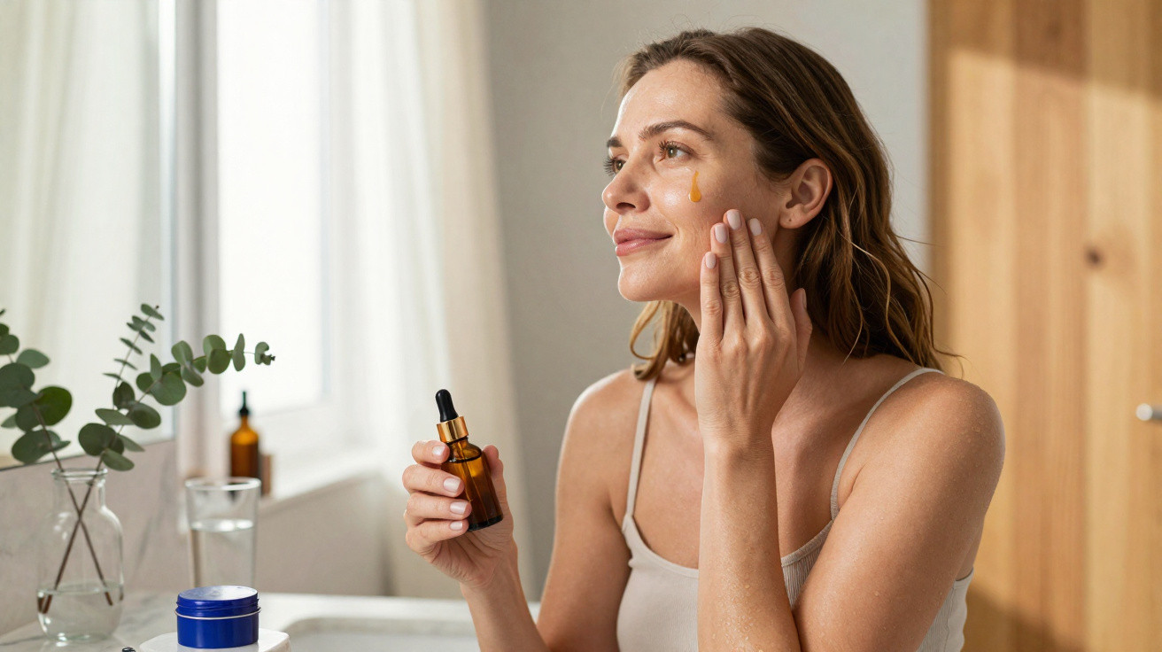 Mulher aplicando sérum facial no rosto em ambiente claro e decorado com plantas.