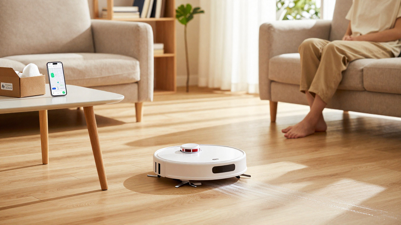 Robô aspirador branco limpando chão de madeira em sala com sofá, mesa e pessoa sentada.