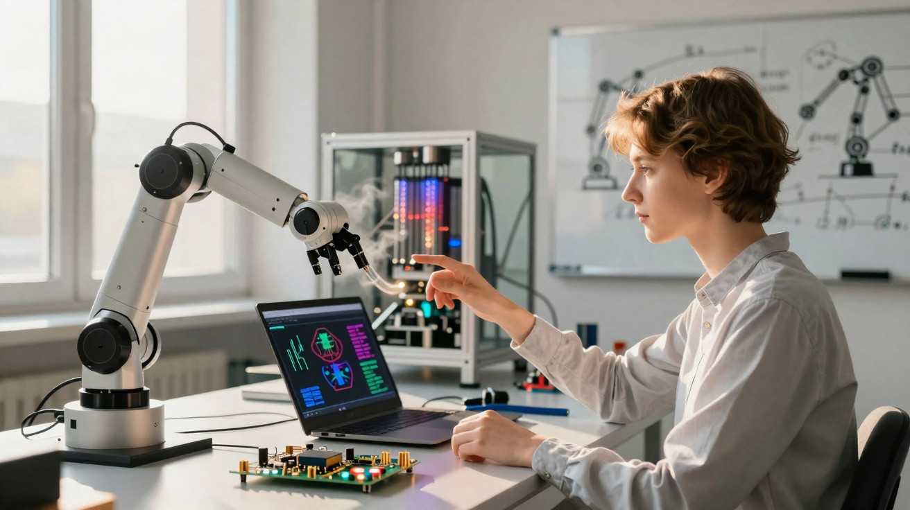 Jovem trabalha com braço robótico e laptop em laboratório de tecnologia e robótica.