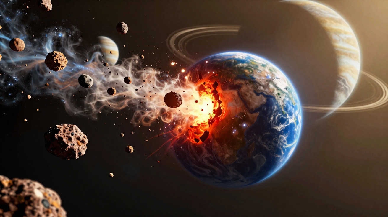 Planeta Terra sendo destruído por uma chuva de asteroides no espaço sideral perto de um planeta com anéis.