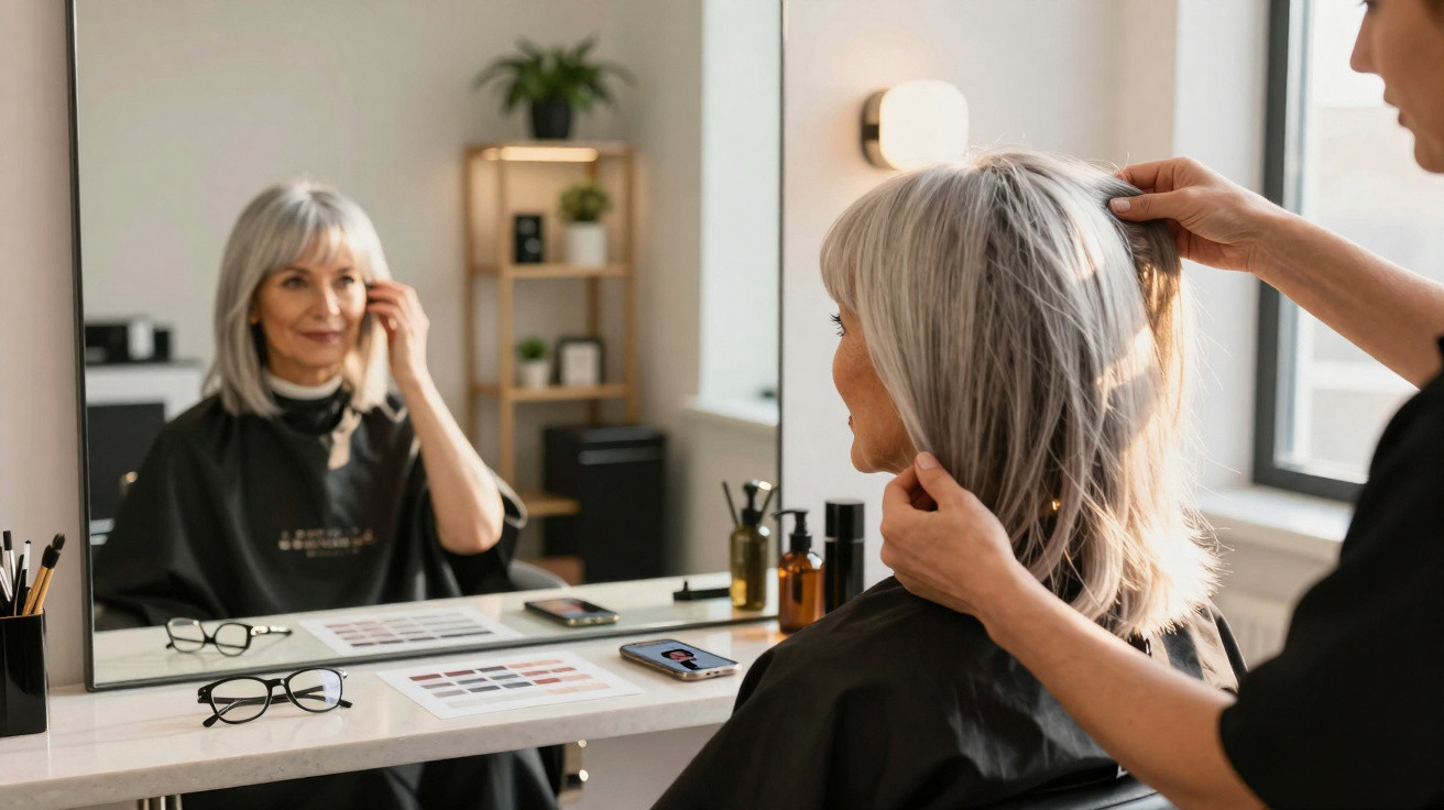 Mulher idosa com cabelo grisalho sendo penteada em salão de beleza, olhando no espelho.