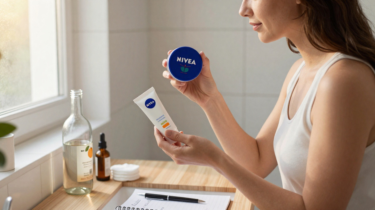 Mulher segurando produtos Nivea enquanto está sentada em mesa com garrafas e caderno.