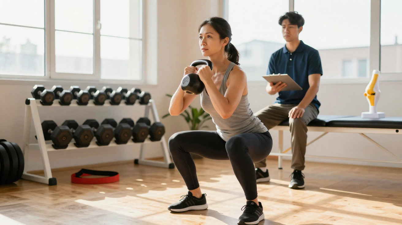 Mulher fazendo agachamento com kettlebell enquanto homem observa e anota em tablet em ginásio.