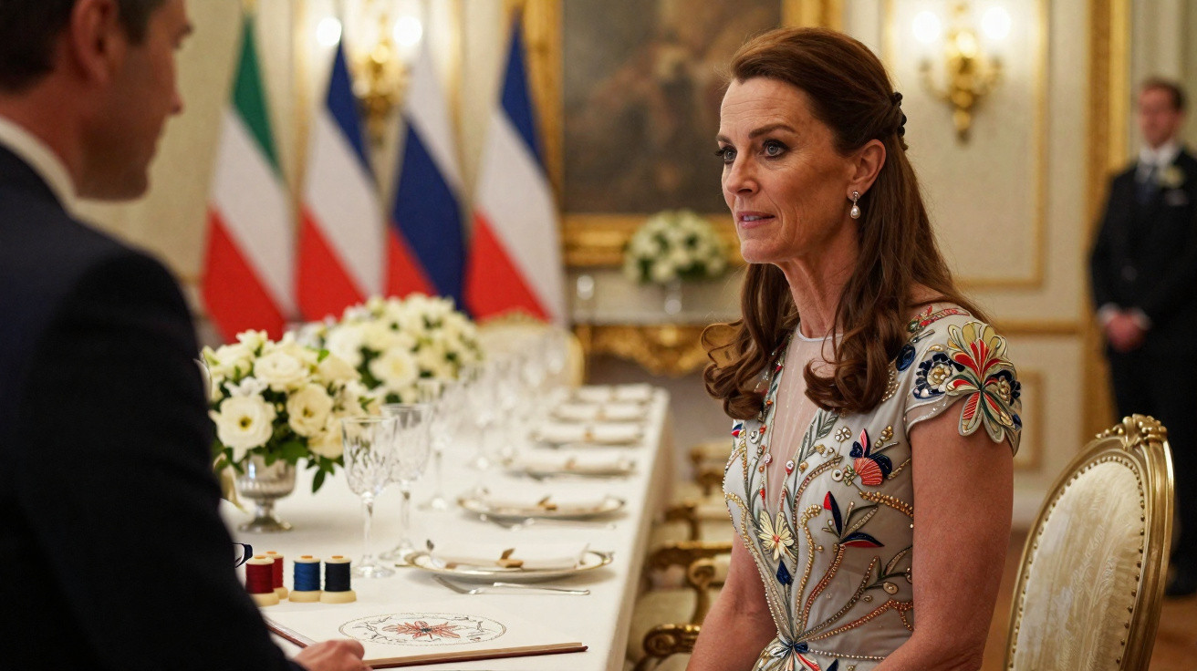 Mulher vestindo vestido bordado conversa em mesa de jantar formal com flores e bandeiras ao fundo.