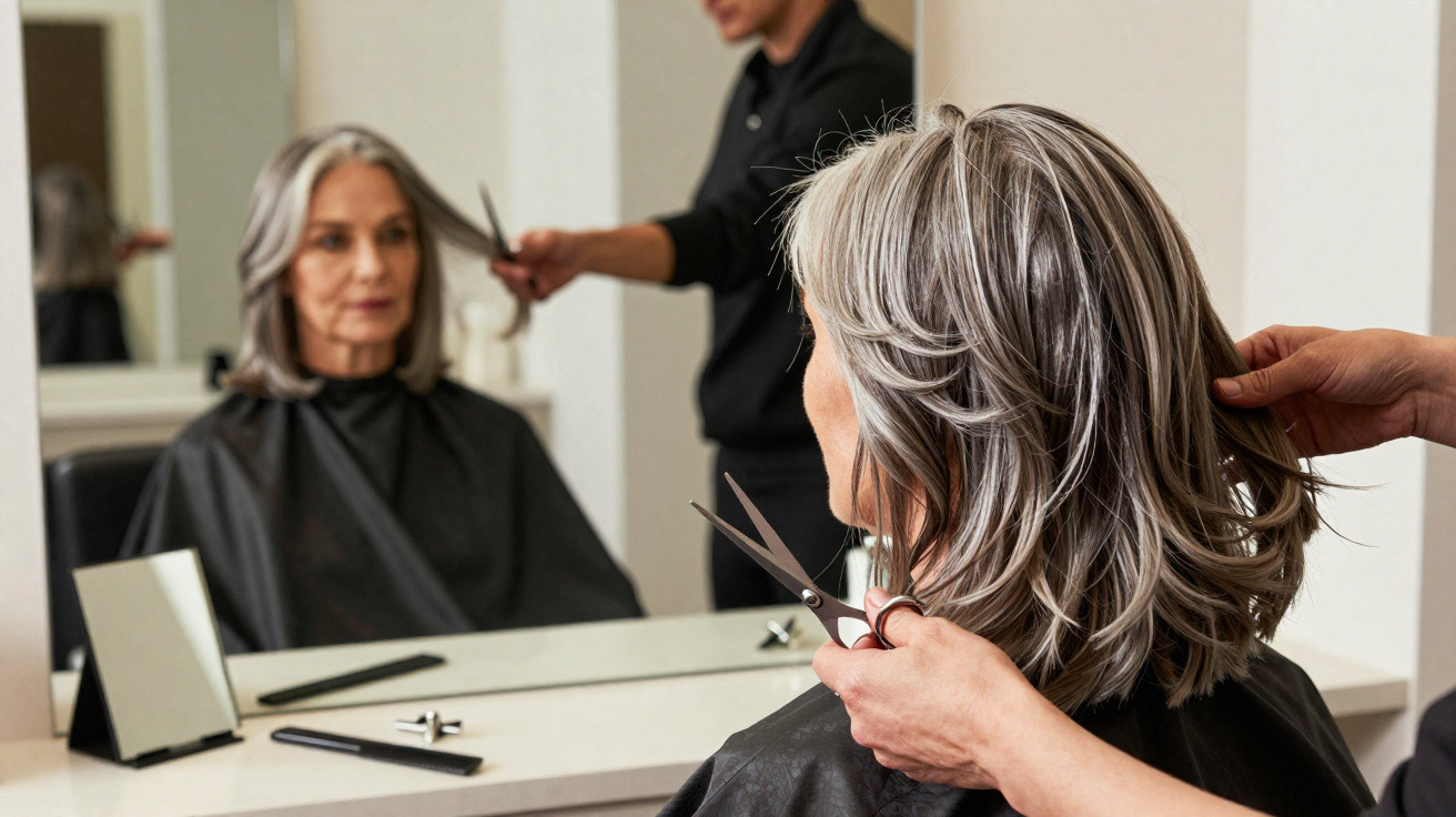 Mulher com cabelo grisalho cortando cabelo em salão de beleza com cabeleireiro ao fundo e espelho.