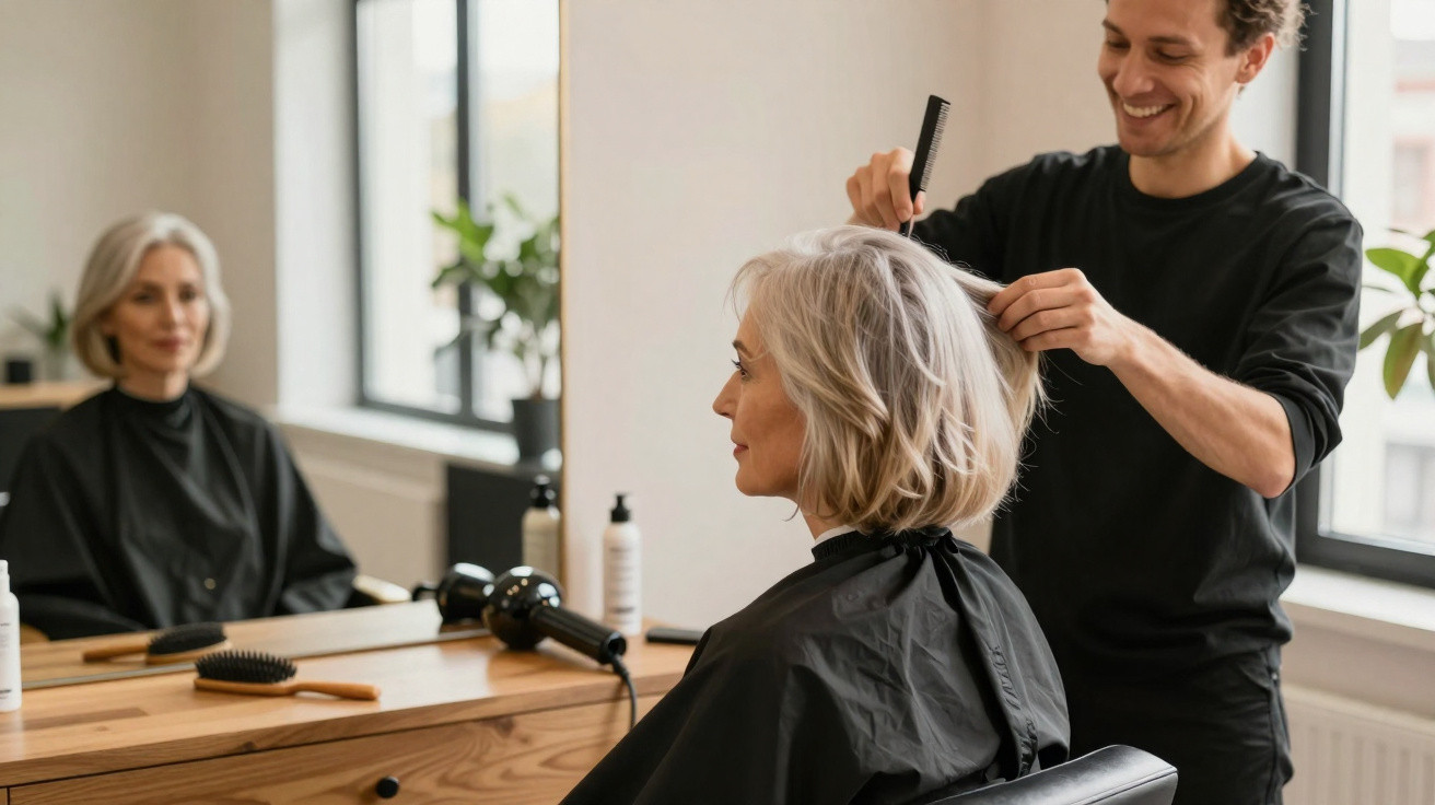 Homem cortando cabelo de mulher com cabelos grisalhos em salão de beleza moderno.