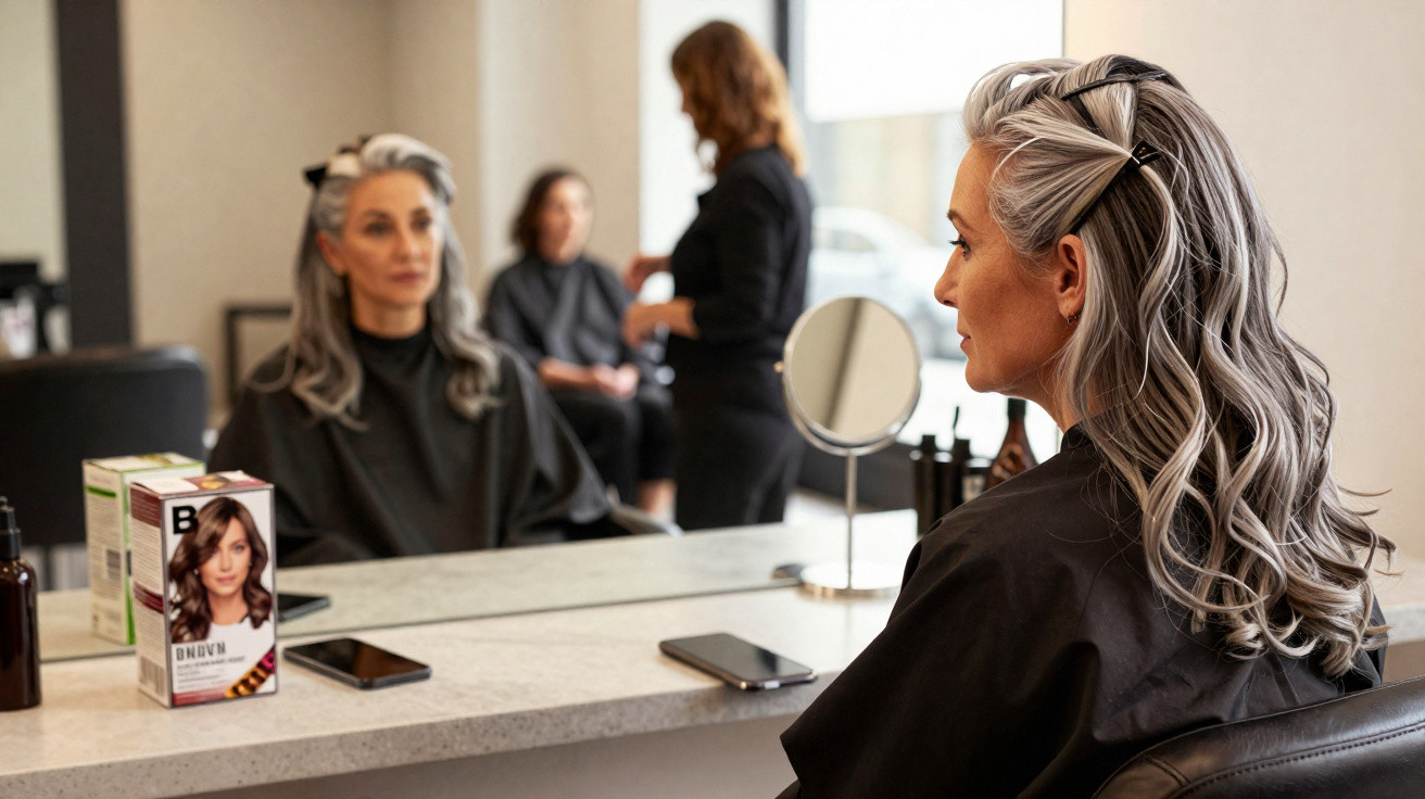 Mulher com cabelo grisalho ondulado sentada em salão de beleza, olhando para o espelho.