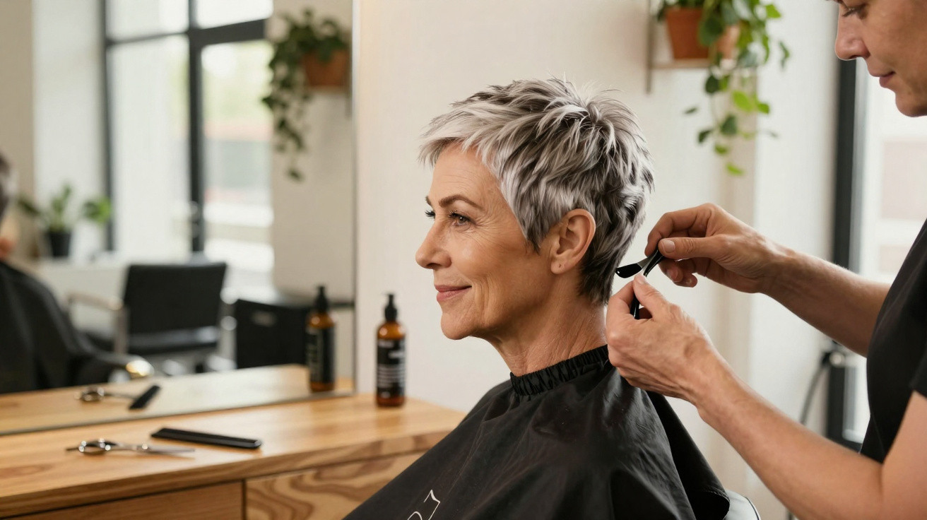Mulher madura com cabelo curto grisalho em salão recebendo acabamento de corte de cabelo.