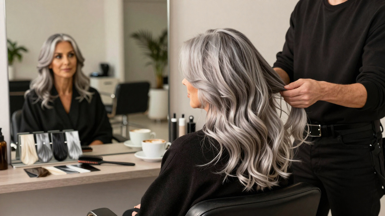 Mulher com cabelo grisalho ondulado sendo atendida por cabeleireiro em salão de beleza.