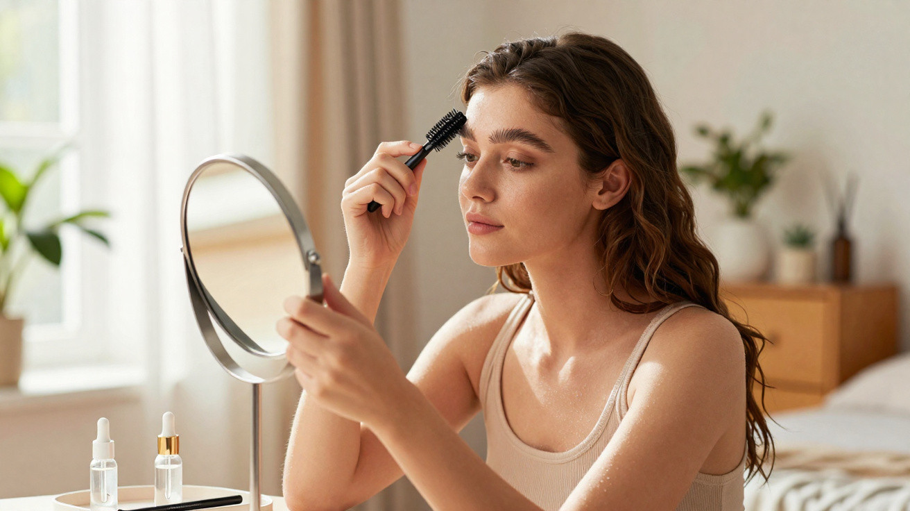 Mulher penteando as sobrancelhas com escova em frente ao espelho em ambiente iluminado.