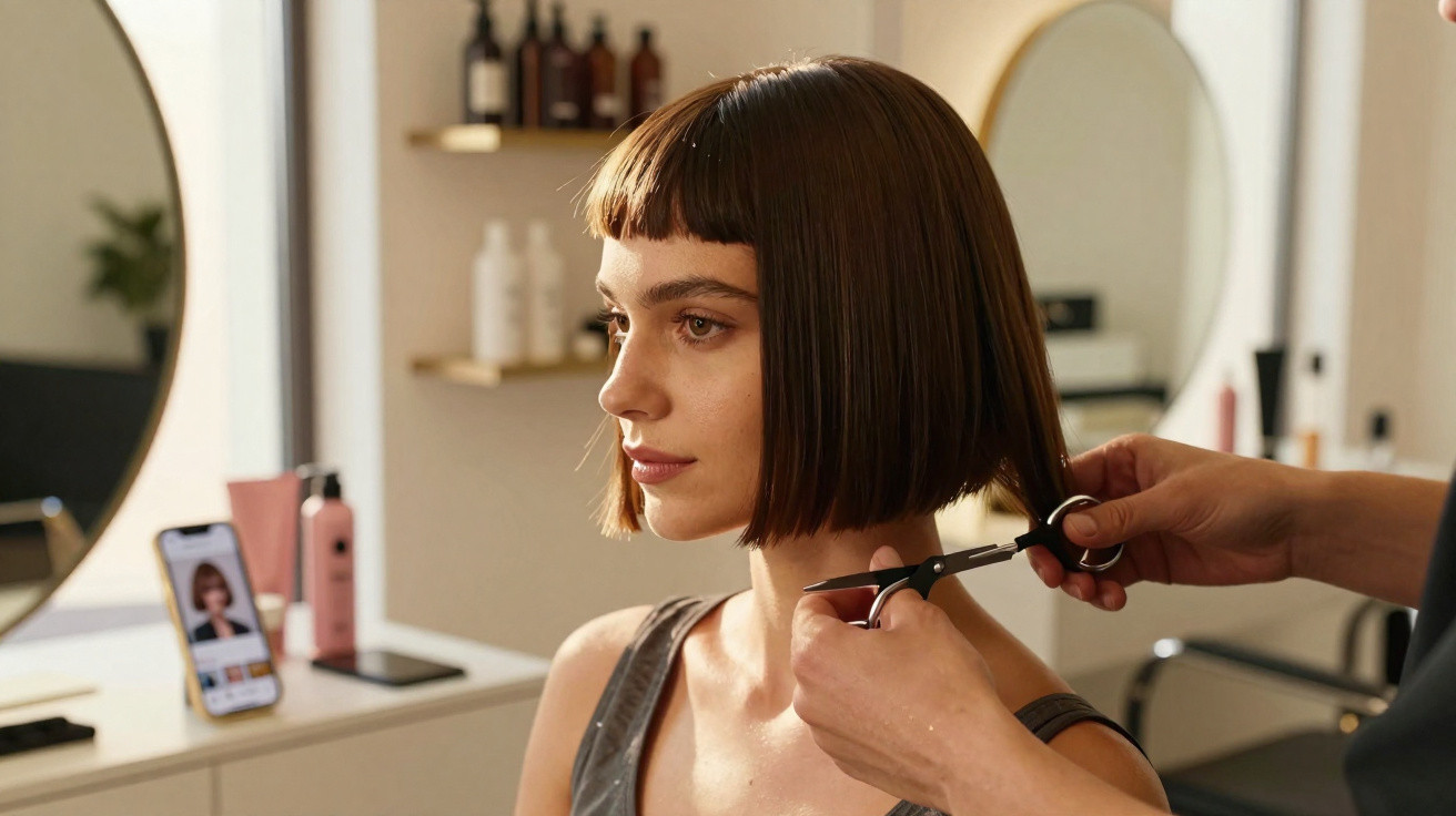Mulher com cabelo curto e reto sendo cortado por cabeleireiro em salão de beleza moderno.