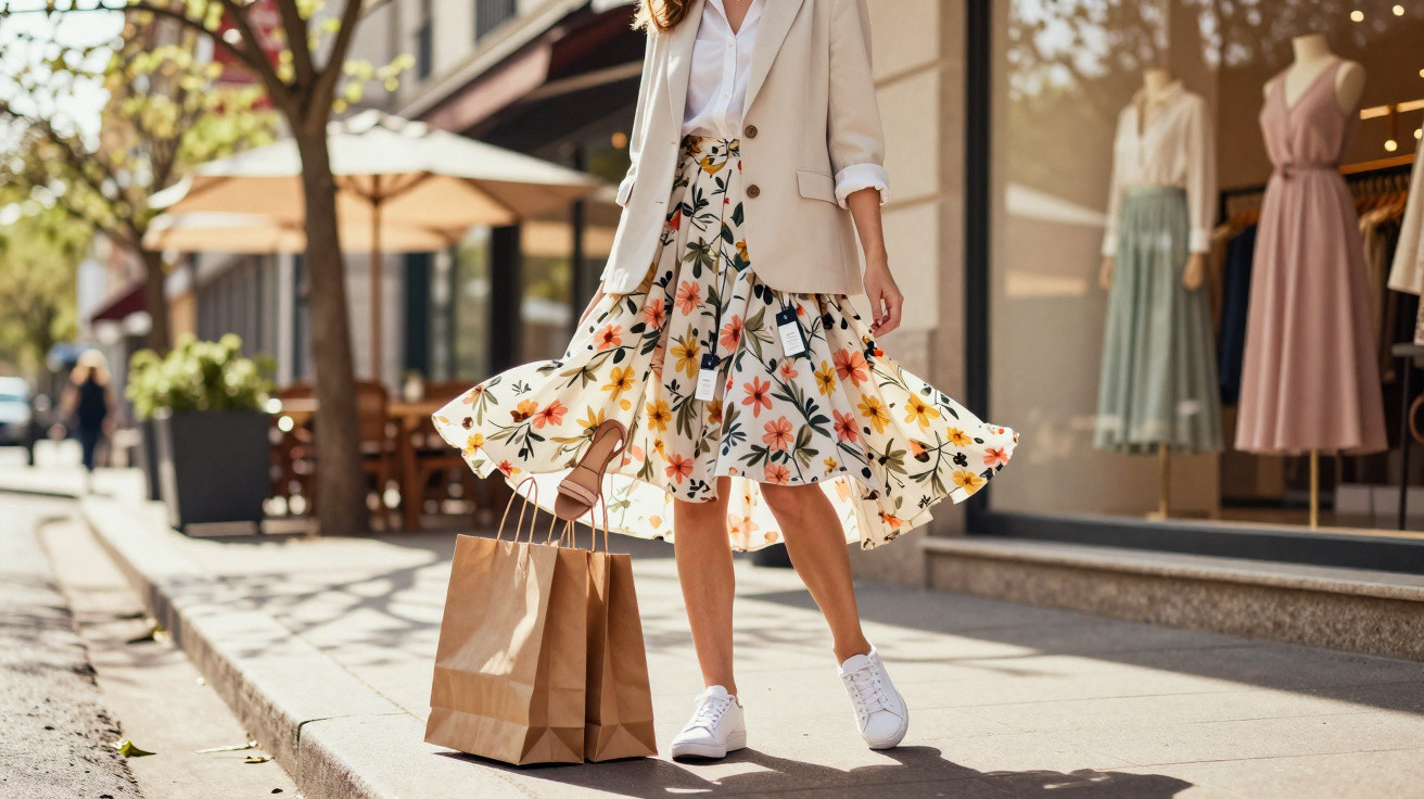 Mulher com saia floral e blazer claro gira na calçada segurando sacolas de compra de papel marrom.