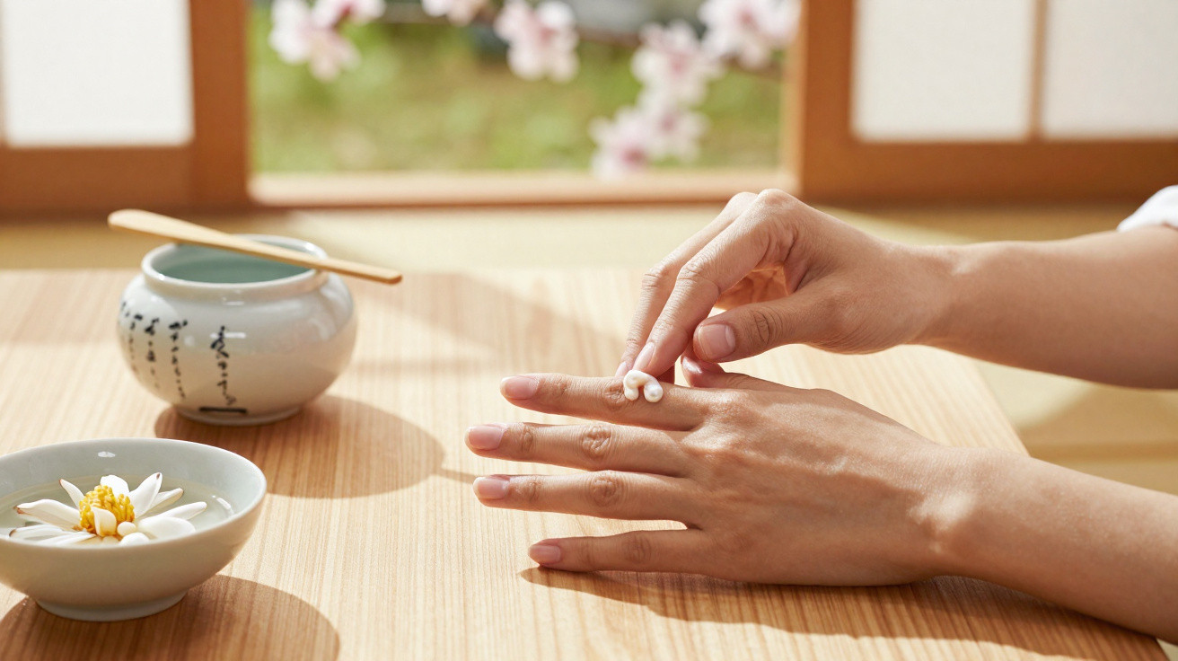 Mãos aplicando tratamento com óleo em ambiente relaxante com flores e cerâmica oriental.