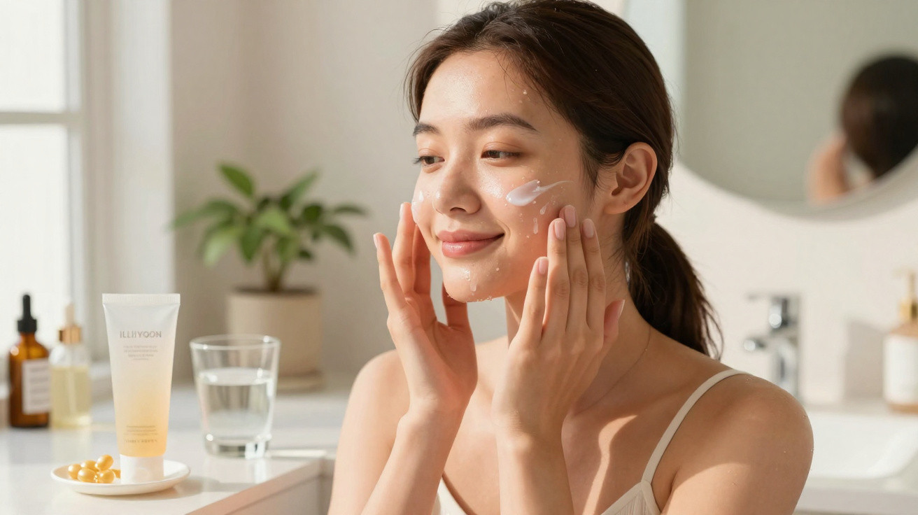 Mulher aplicando creme no rosto em ambiente iluminado com produtos de skincare ao fundo.