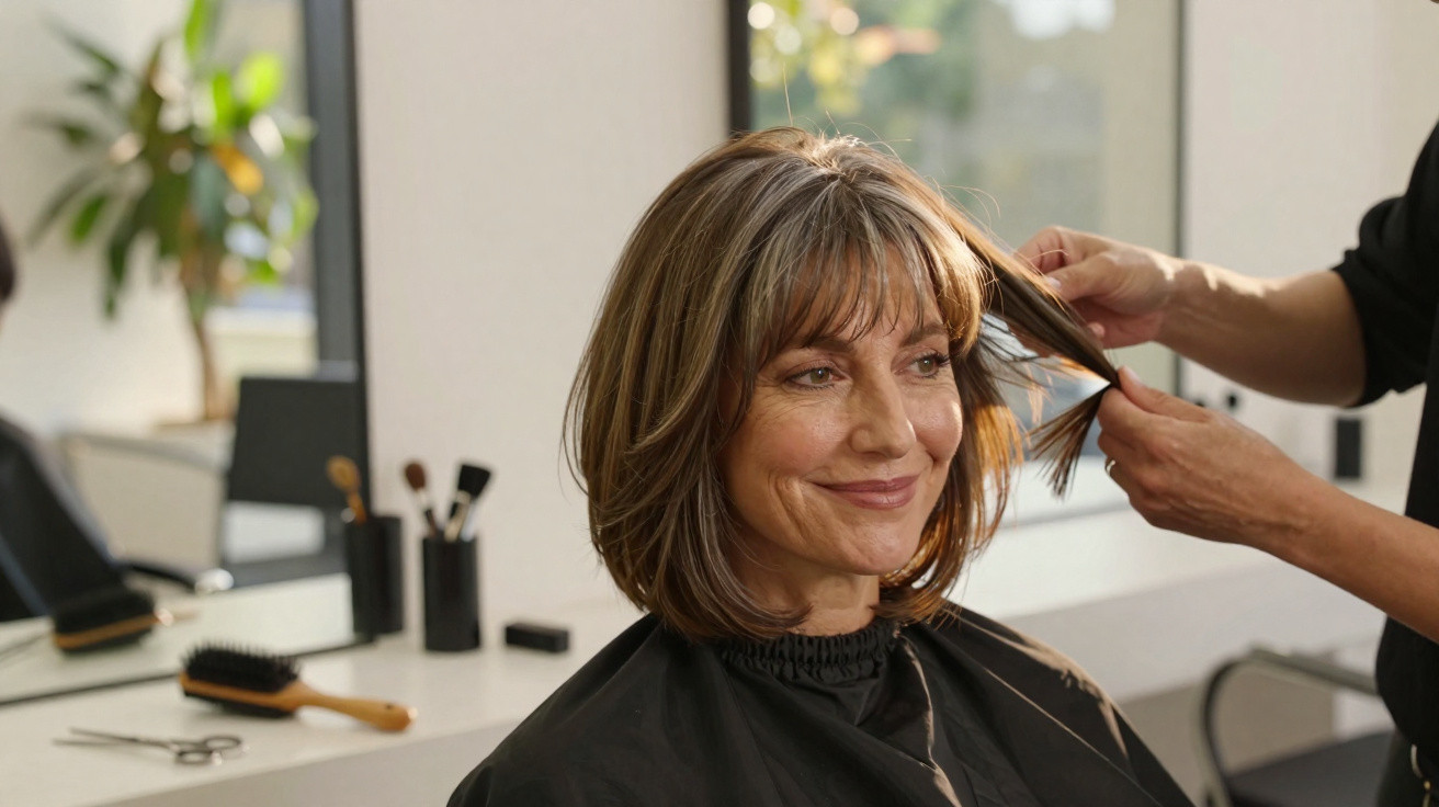 Mulher sorrindo recebendo corte de cabelo em salão de beleza iluminado e moderno.