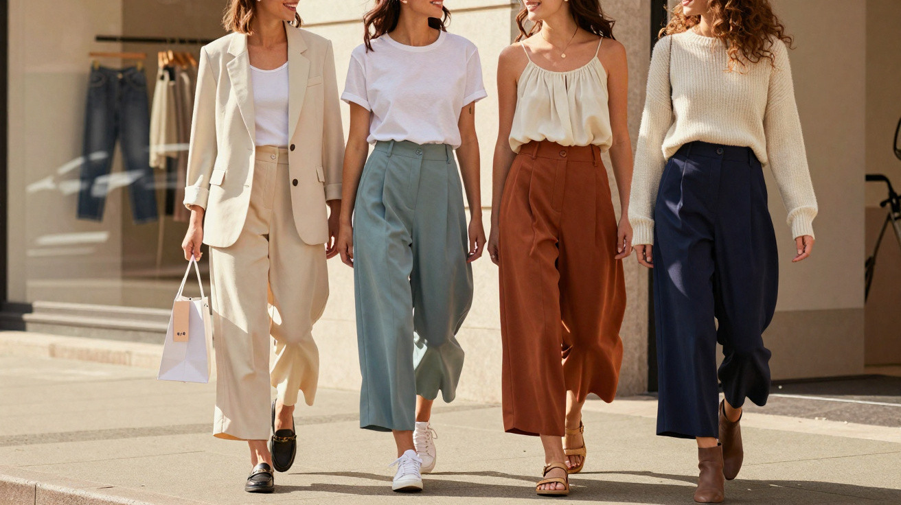 Quatro mulheres caminhando na rua com roupas casuais e elegantes em cores neutras e terrosas.