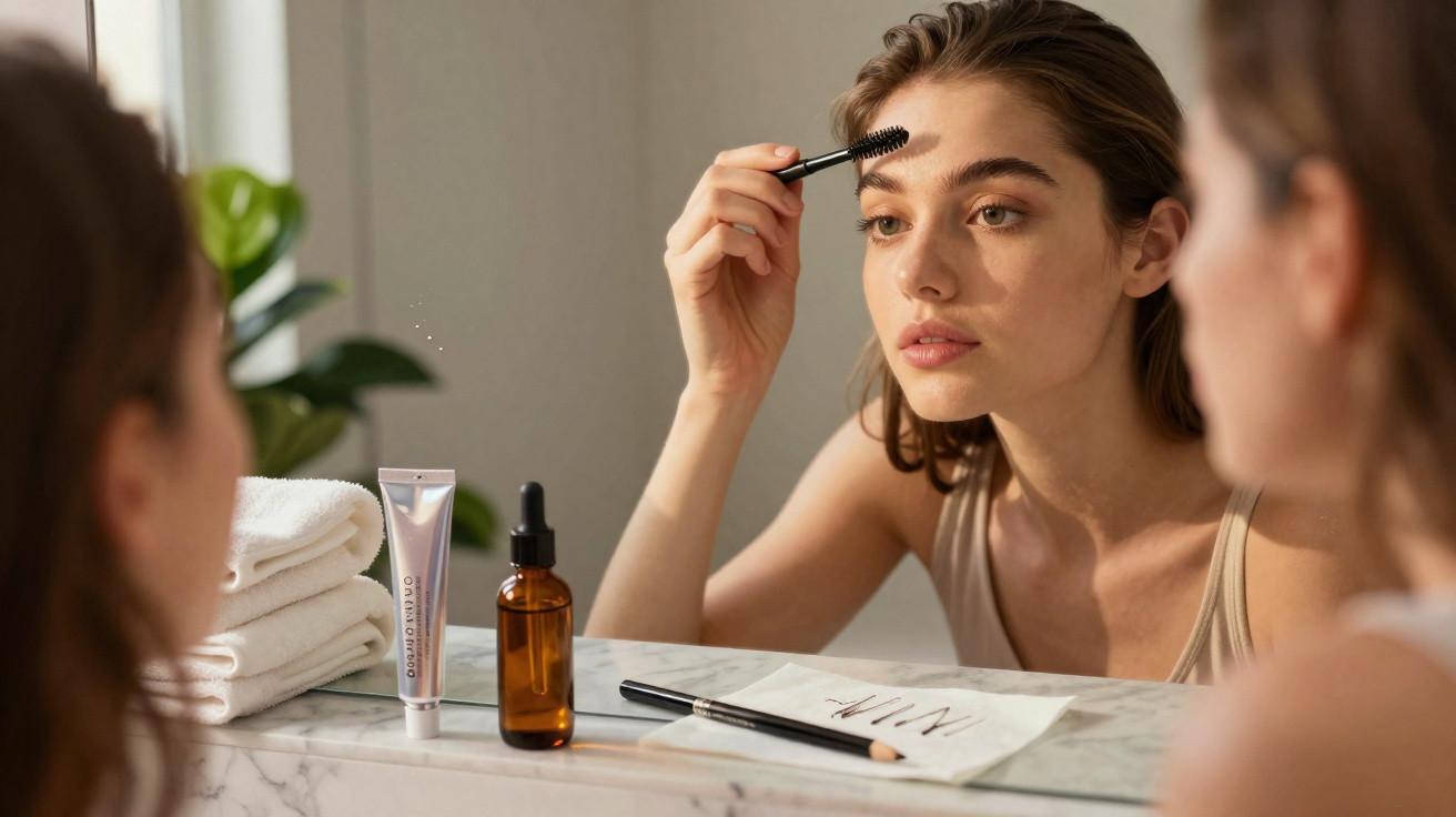 Mulher aplicando rímel nas sobrancelhas em frente ao espelho com produtos de beleza sobre a bancada.