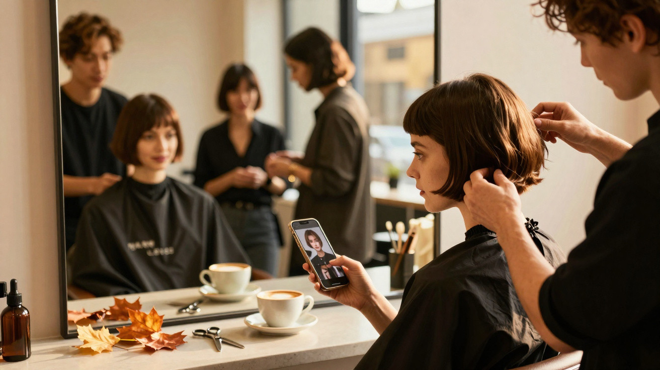 Mulher com cabelo curto e franjas conferindo corte no celular enquanto cabeleireiro finaliza em salão.