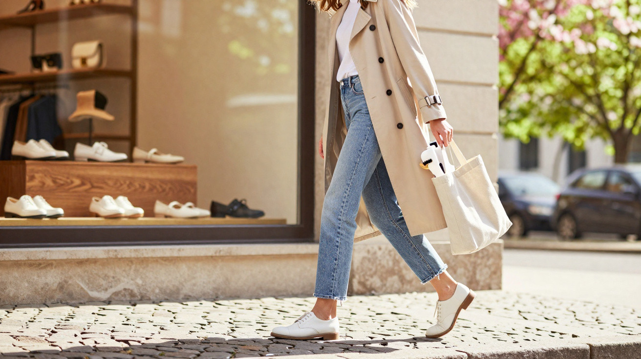 Mulher caminhando na calçada com casaco bege, jeans azul, sapatos brancos e bolsa de tecido branca.