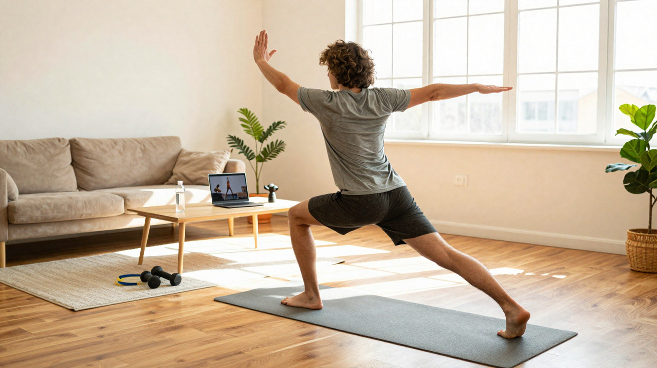 Homem fazendo yoga em tapete na sala com sofá, laptop e halteres ao fundo.