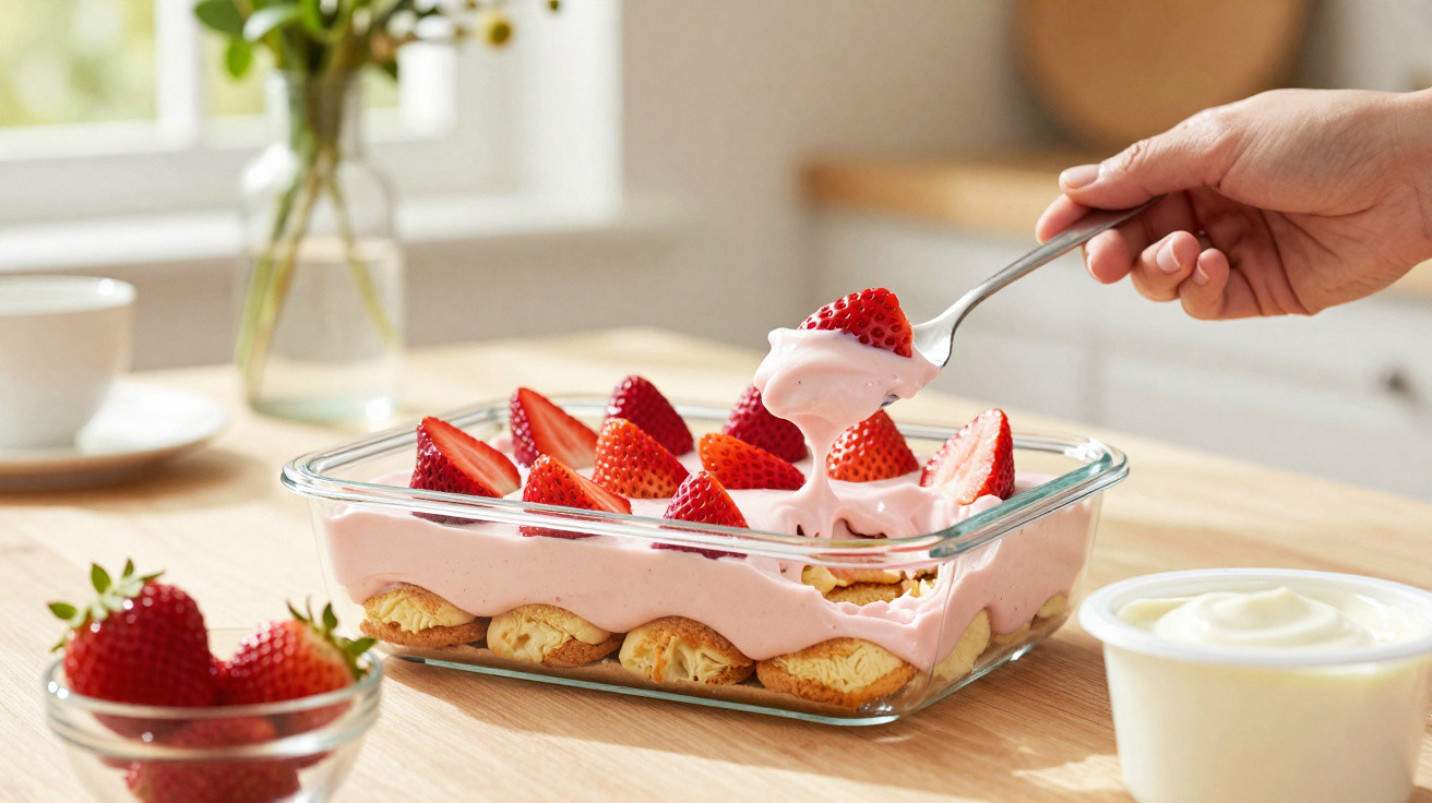 Sobremesa com creme rosa e morangos frescos em recipiente de vidro sobre mesa clara.